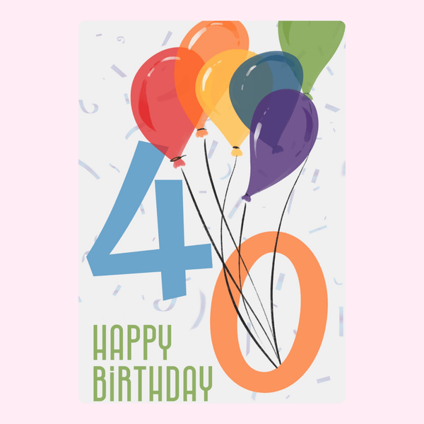 40th birthday card with colorful balloons design