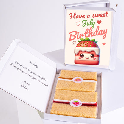 Letterbox cake gift with sweet July birthday design and message.