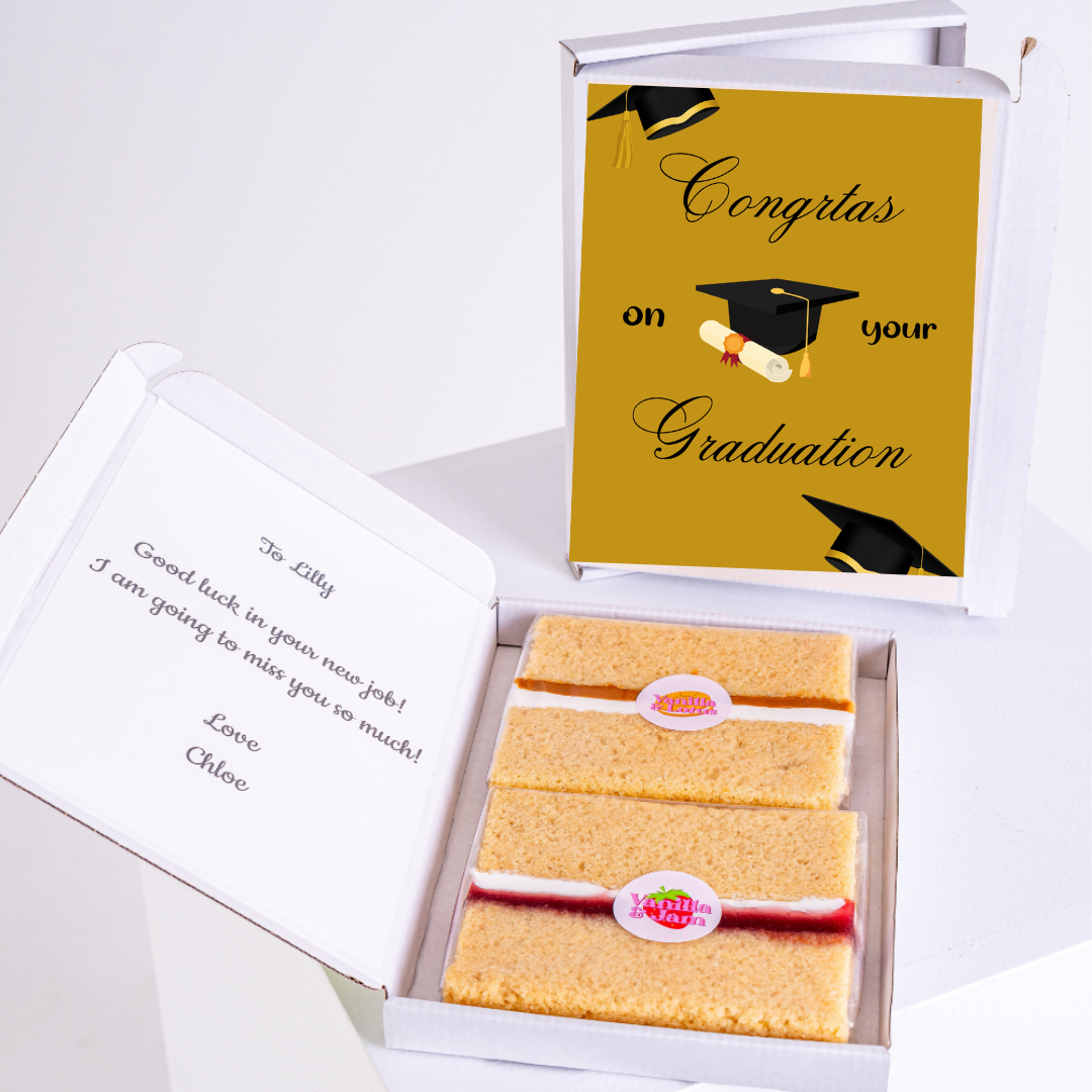 Graduation cake gift box with card, congratulations message.