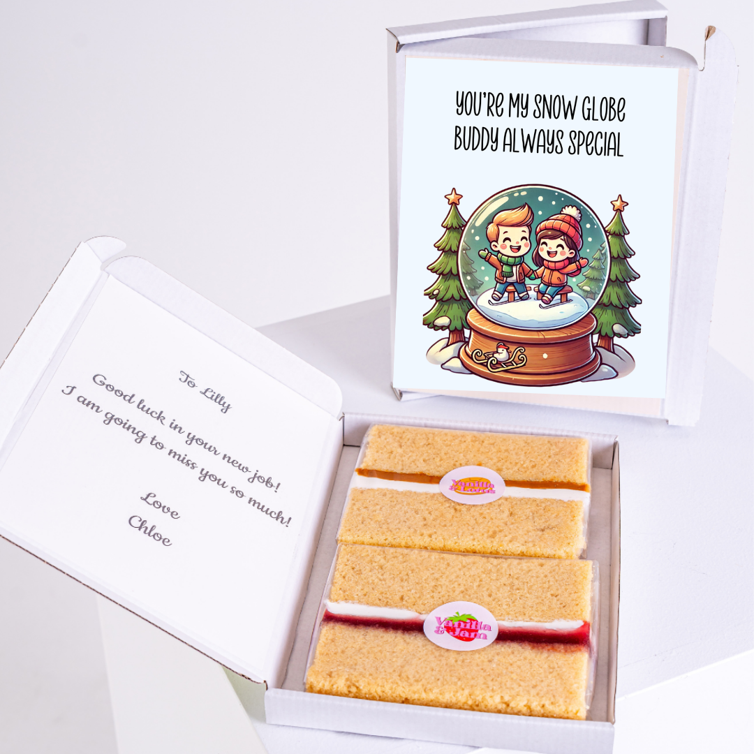Snow globe gift box with cake, goodbye message to Lilly