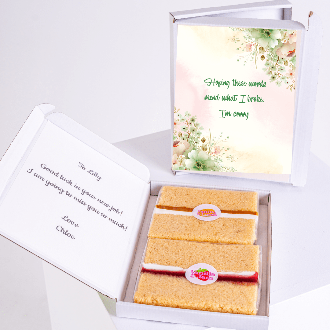 Cake and apology card for Lilly, new job farewell.