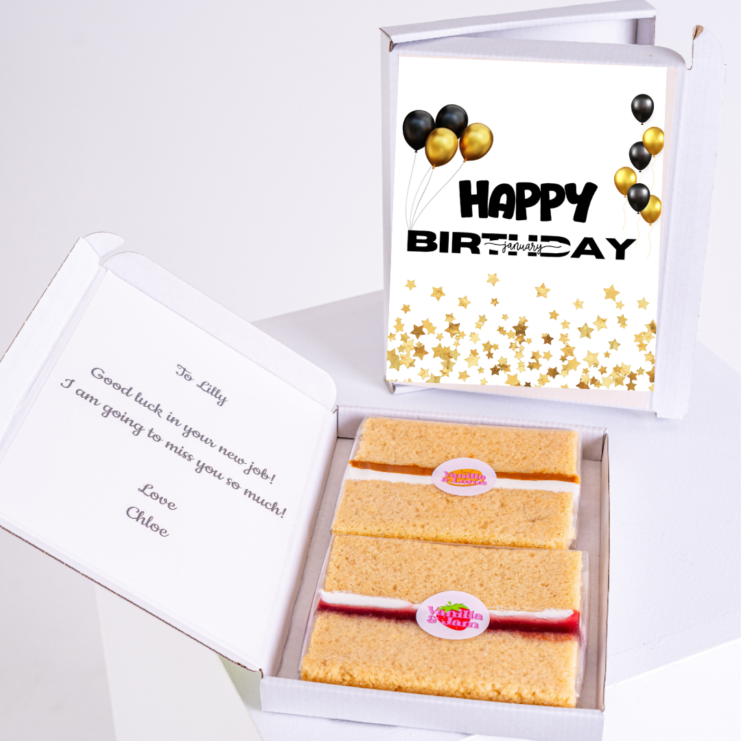 Birthday cake gift box with Happy Birthday card for Tilly.