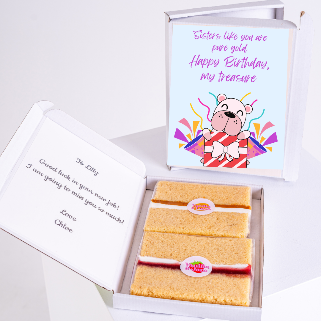 Birthday cake gift box for Lilly, with note and message.