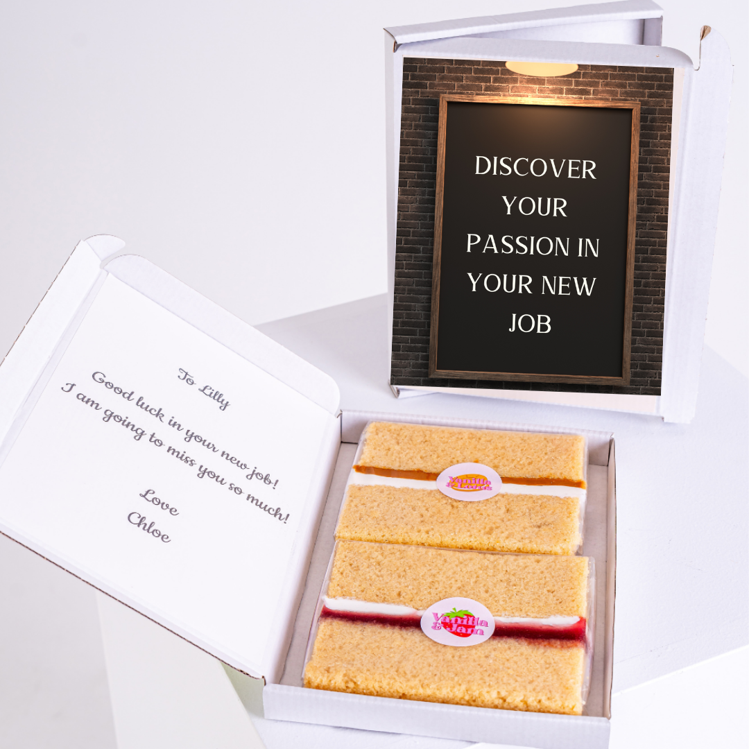 New job gift box with message and cake