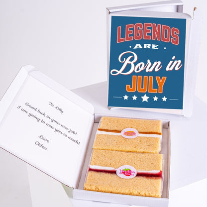 Birthday cake gift with July legends card.
