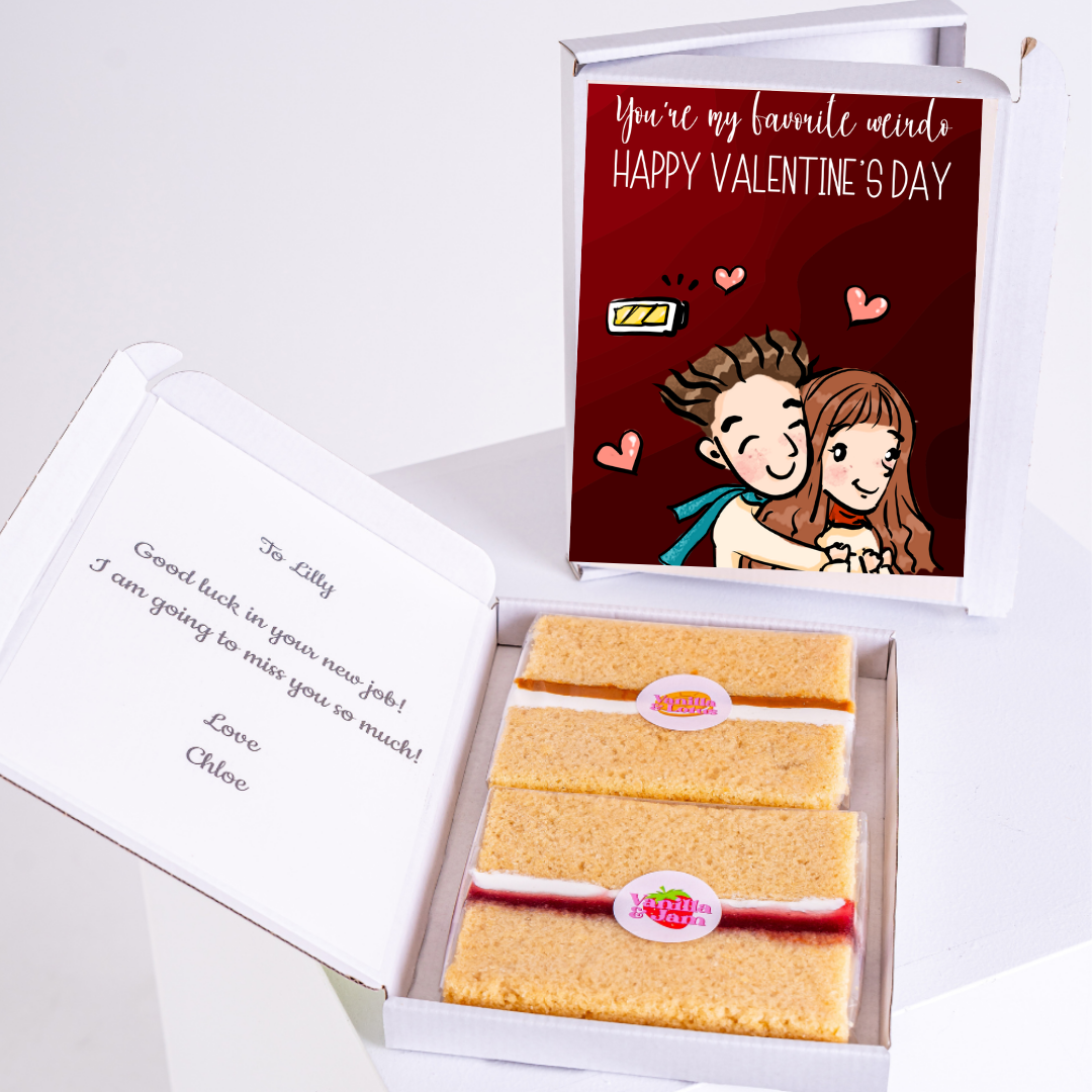 Valentine's Day gift box with cake and card for Lilly