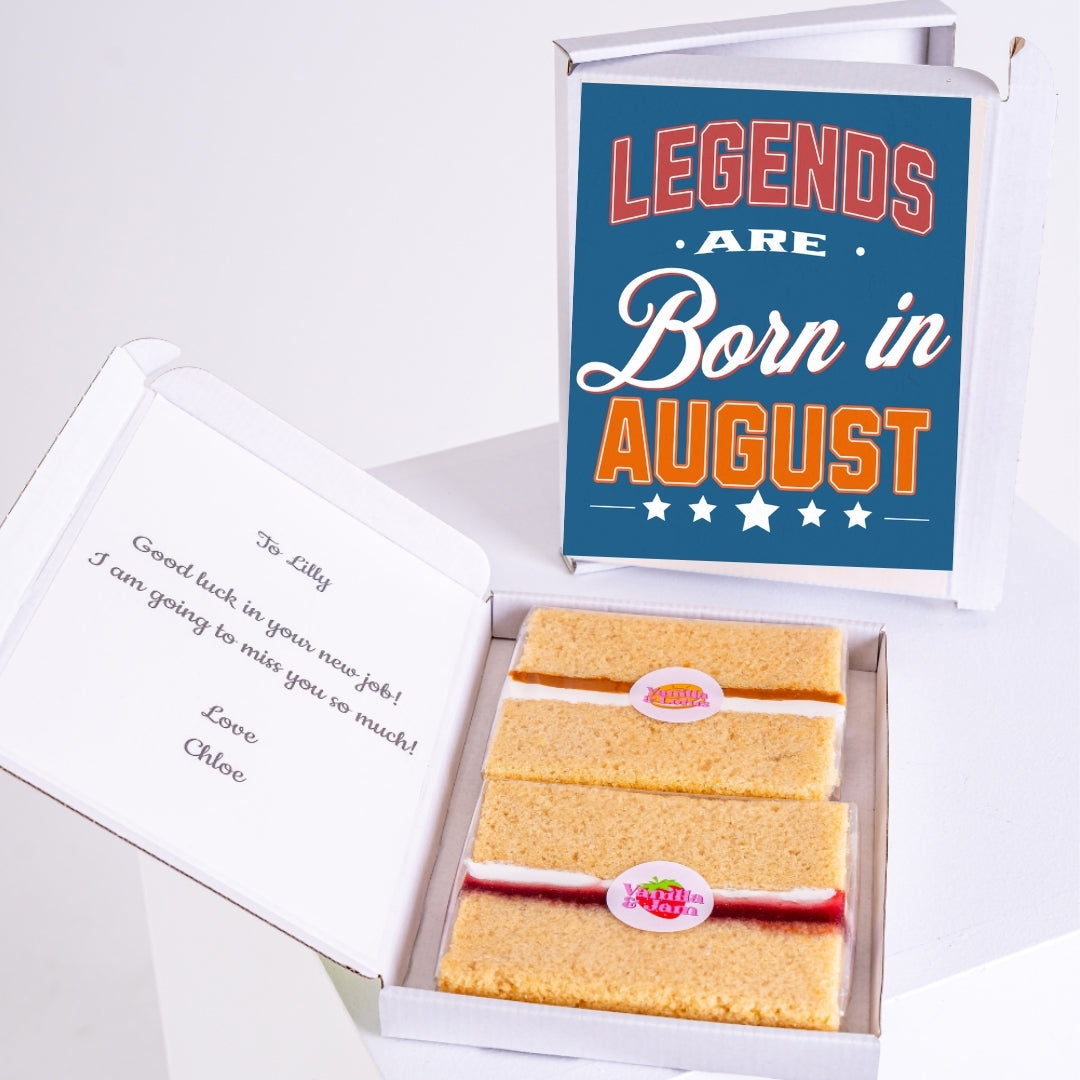 Sponge slices in box with August birthday design