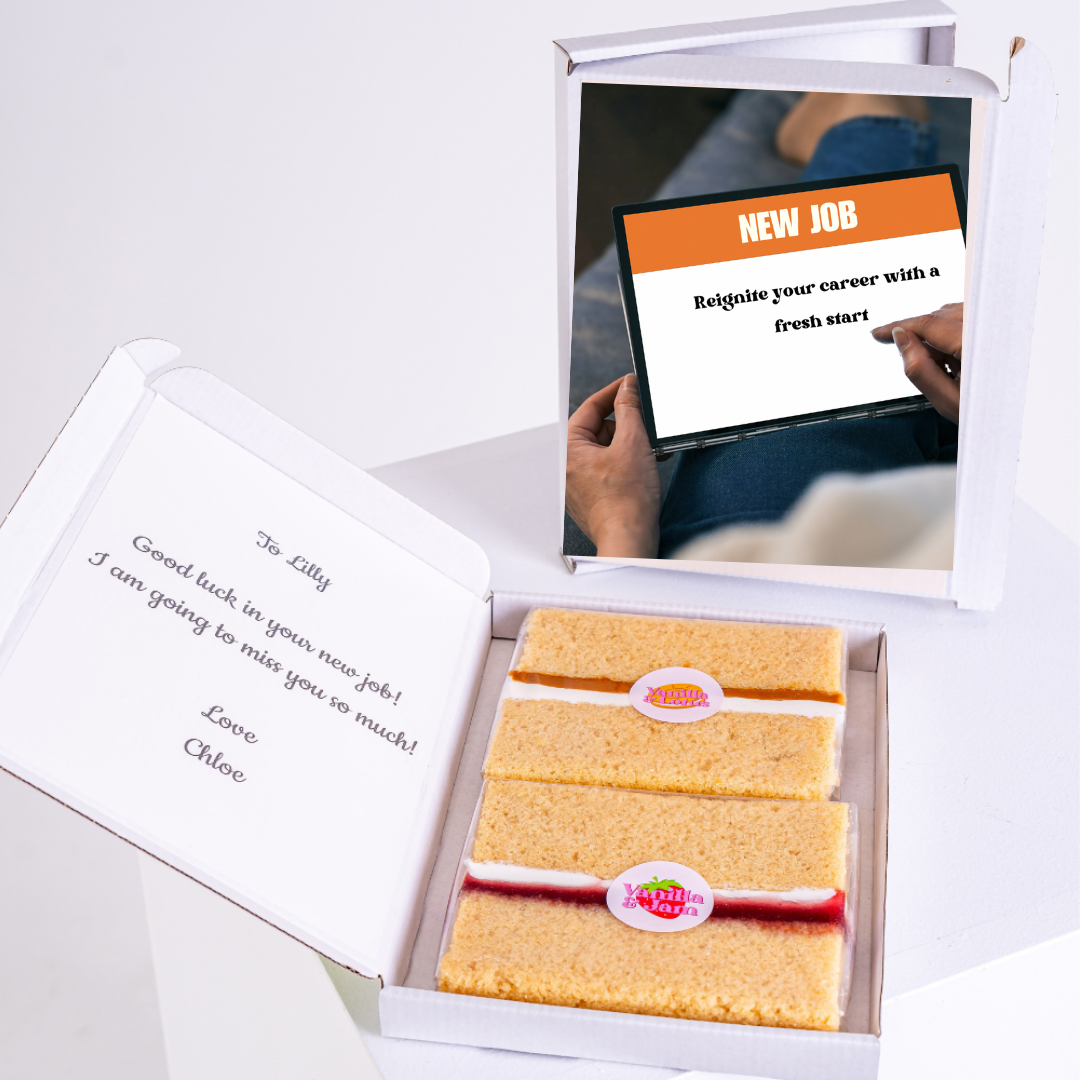 Farewell cake box for Lilly with new job message.