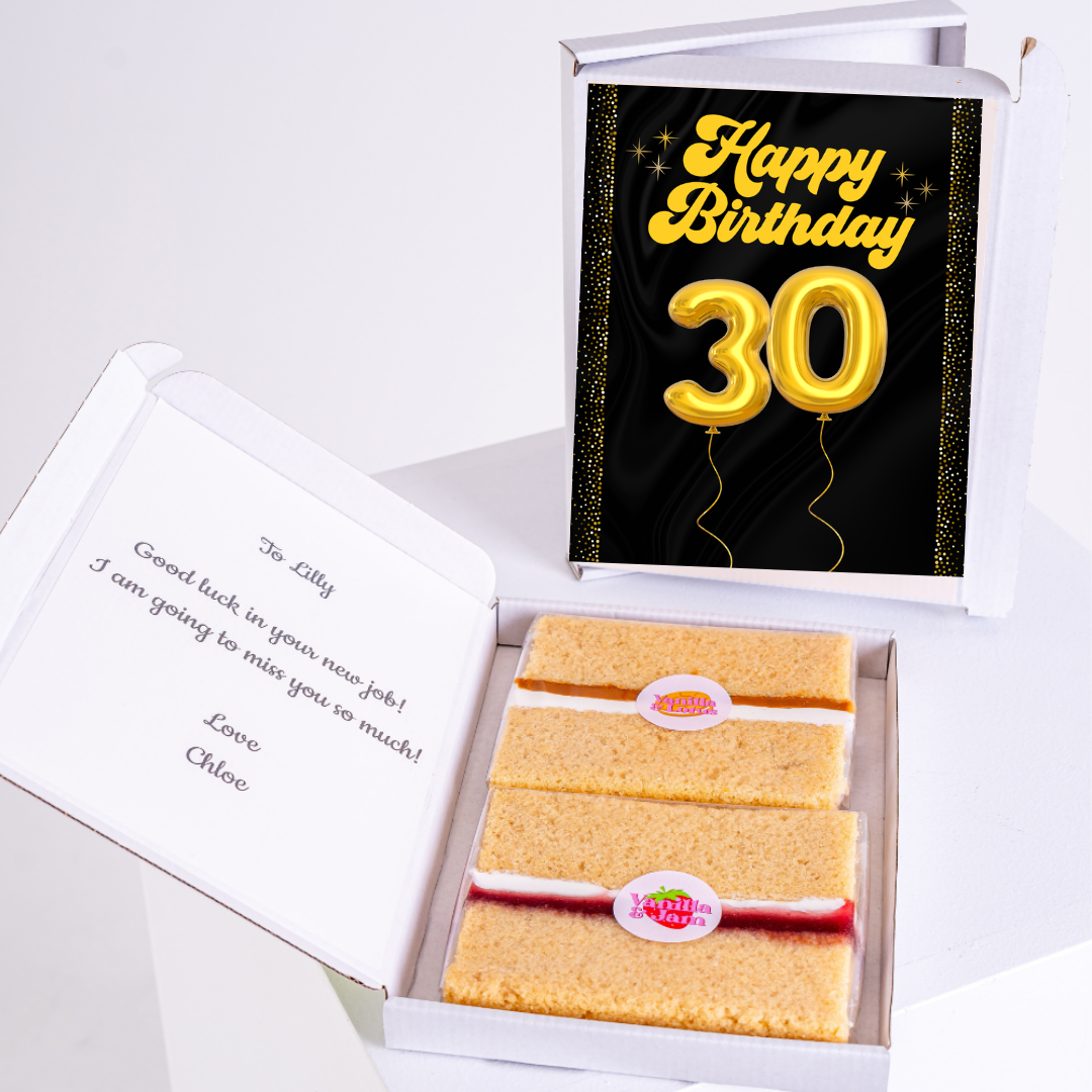 Birthday gift box for Lilly's 30th birthday, featuring cake and well wishes.