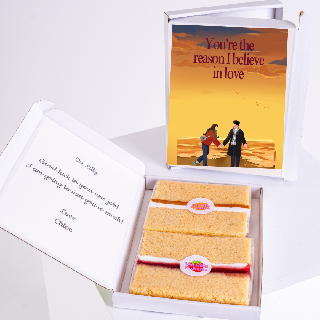Gift box with cake and You're the reason I believe in love card for Lilly.