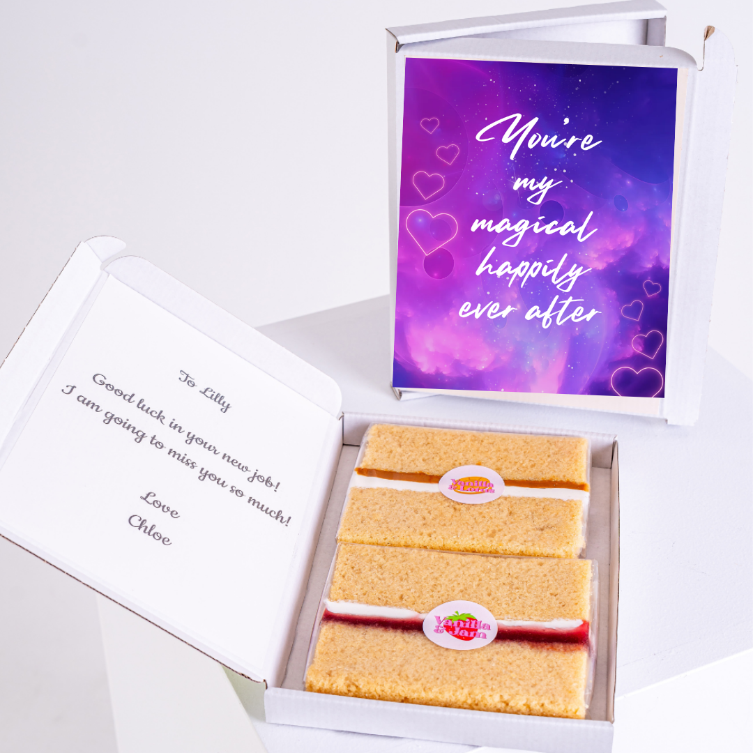 Gift box with cake and You're my magical happily ever after message.