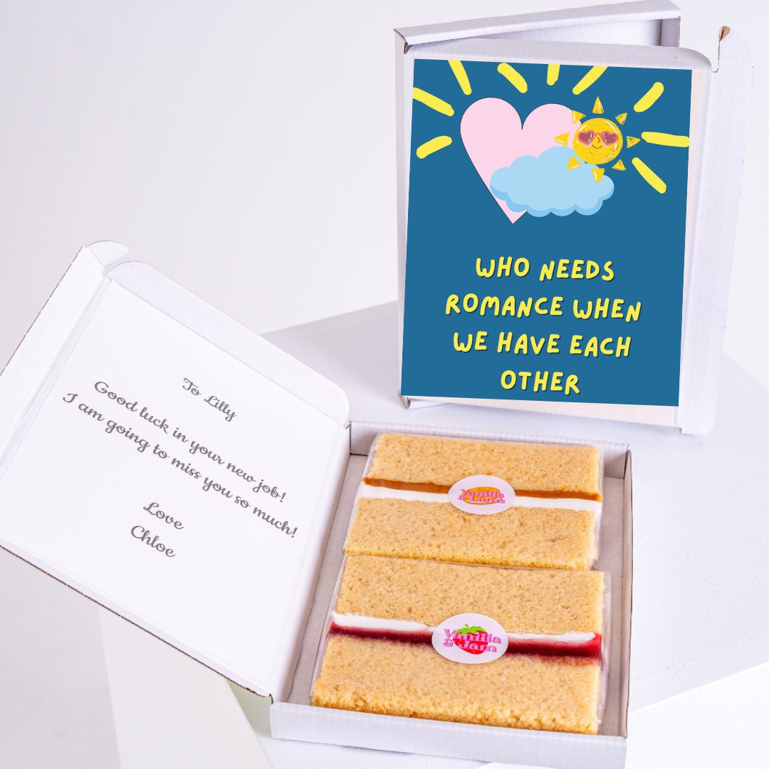 Gift box with cake and card saying Who needs romance?