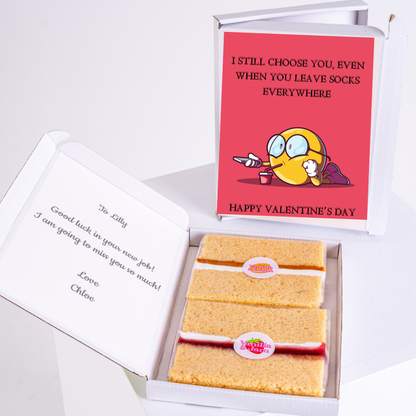 Valentine's Day gift box with cake and card for Lilly.