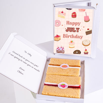 July birthday cake gift with message and desserts design.