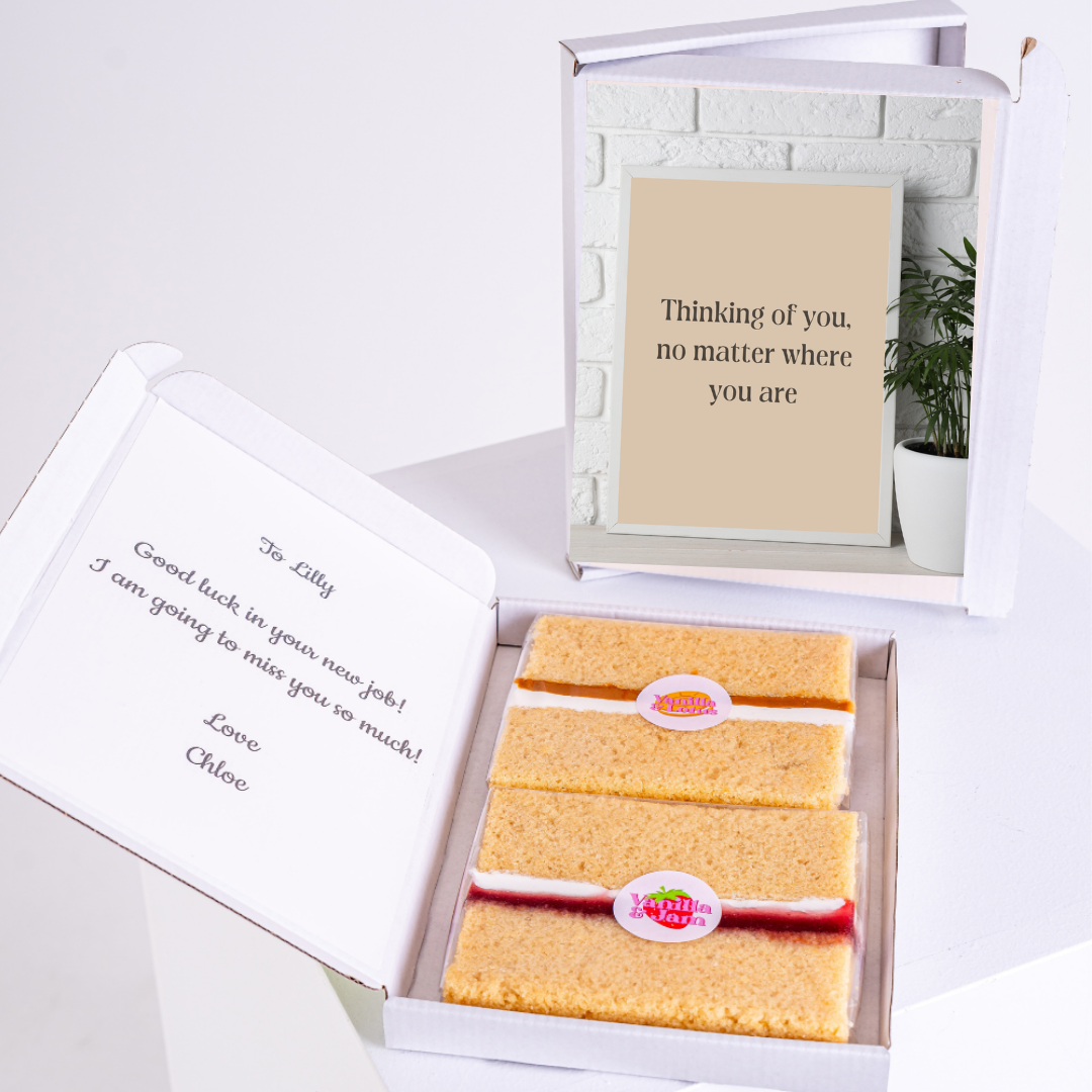 Gift box with cake and a Thinking of You card for Lilly.