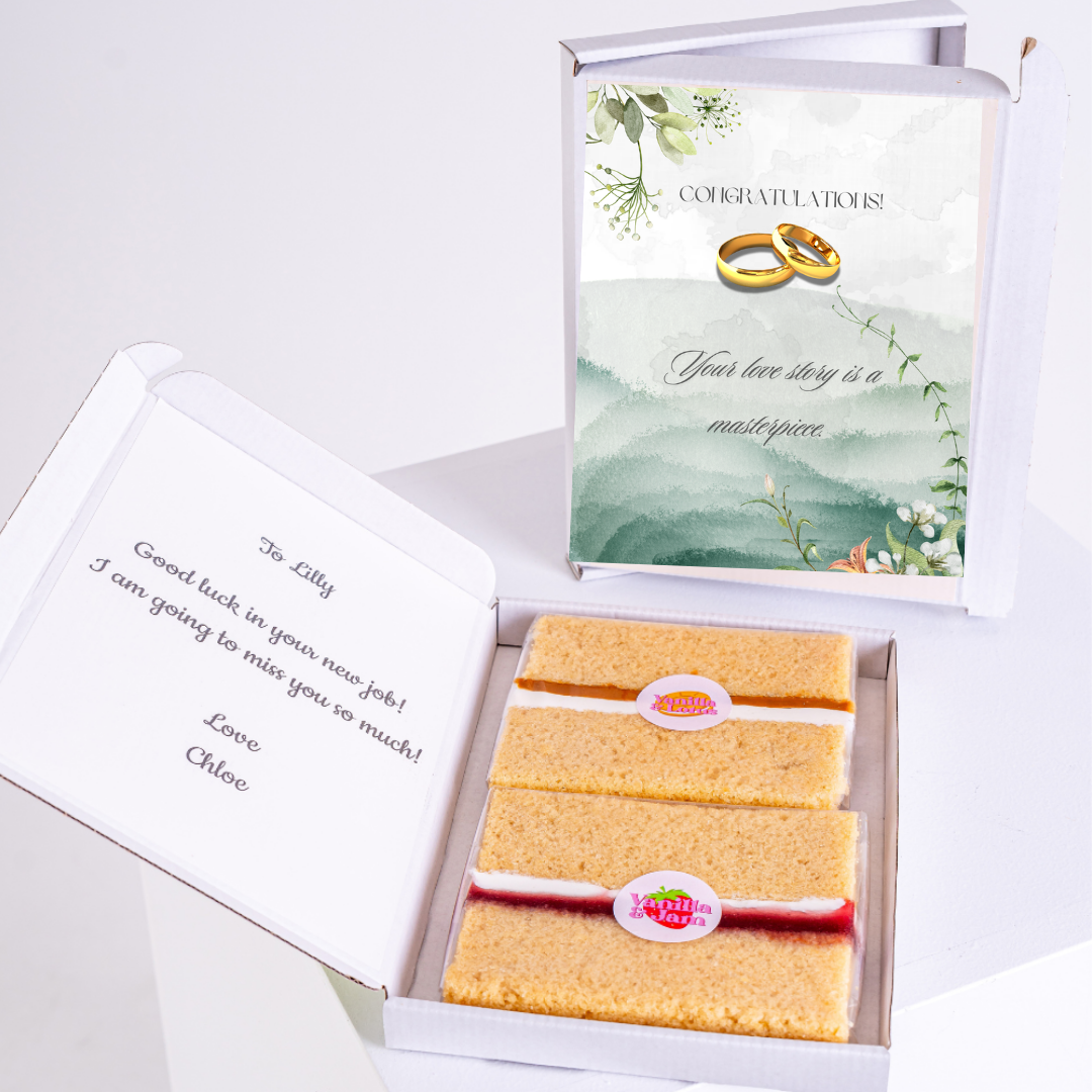Congratulations cake gift box for new job and love story.