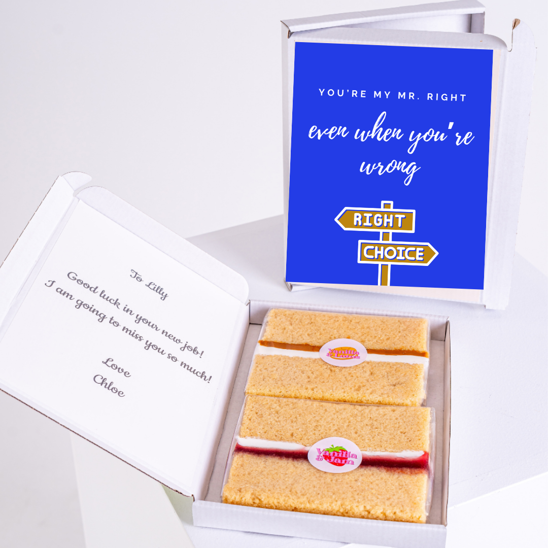 Gift box with cake and You're My Mr. Right card, for Lilly.