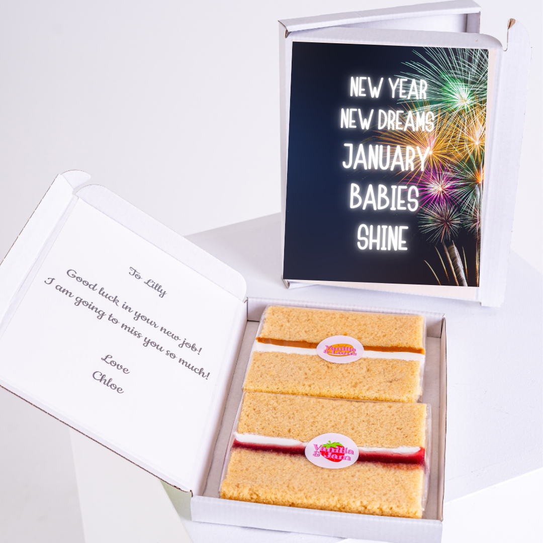 Cake gift box for Lilly with New Year, New Dreams card.