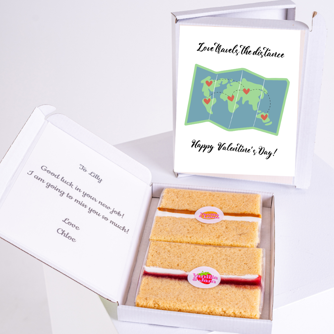 Valentine's Day cake gift for Lilly, Love travels the distance card.