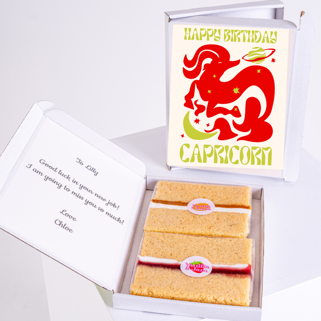 Capricorn birthday cake and card gift box.