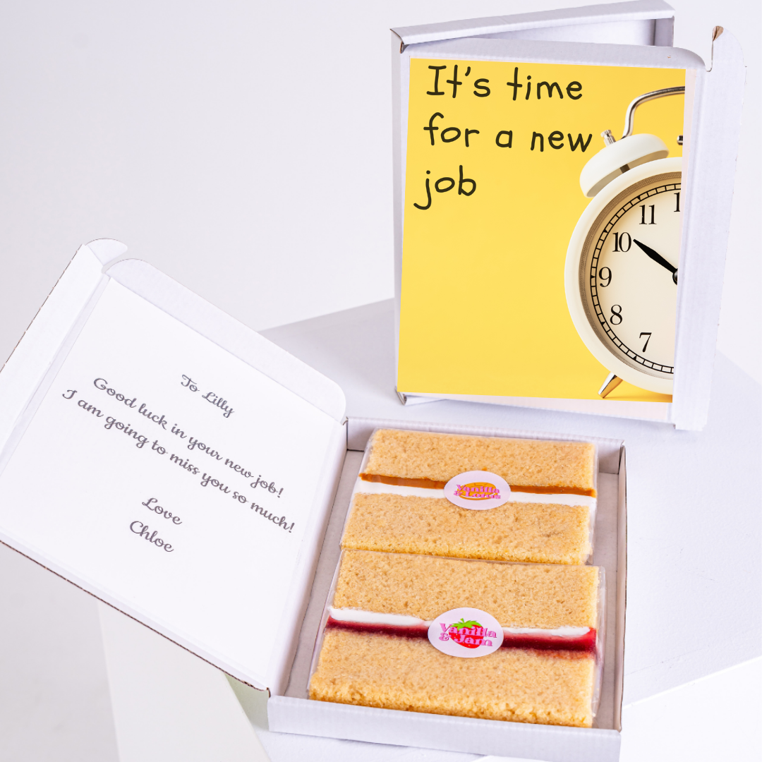 Farewell gift box for Lilly with cake and new job card