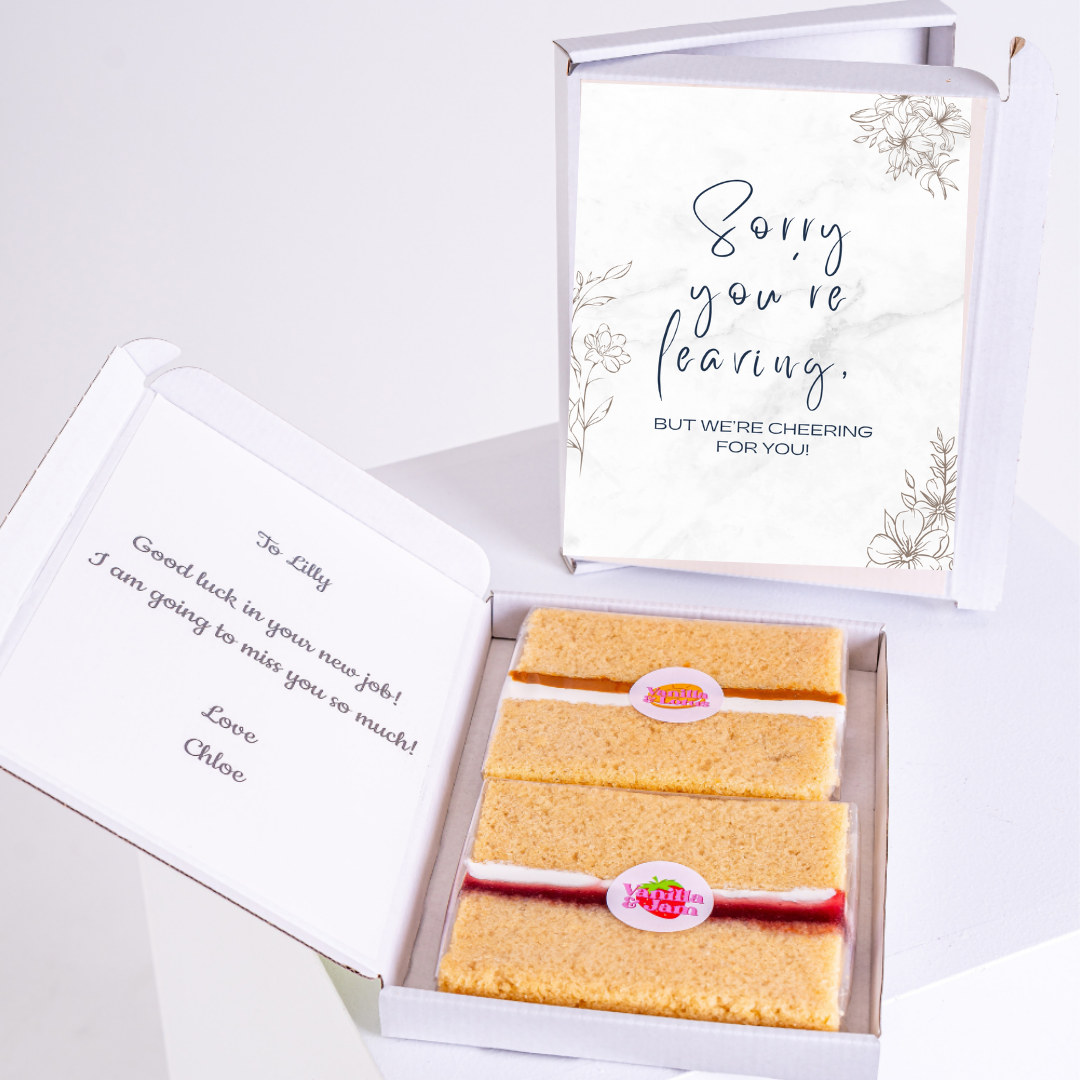Leaving gift box with cake and card, Sorry you're leaving