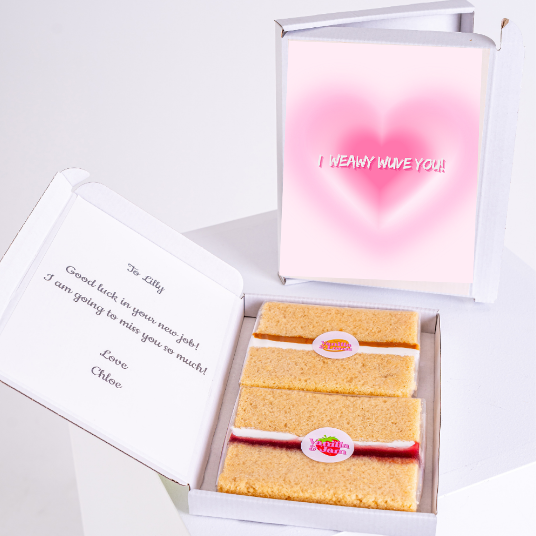 Farewell cake gift box for Lilly with heart card.