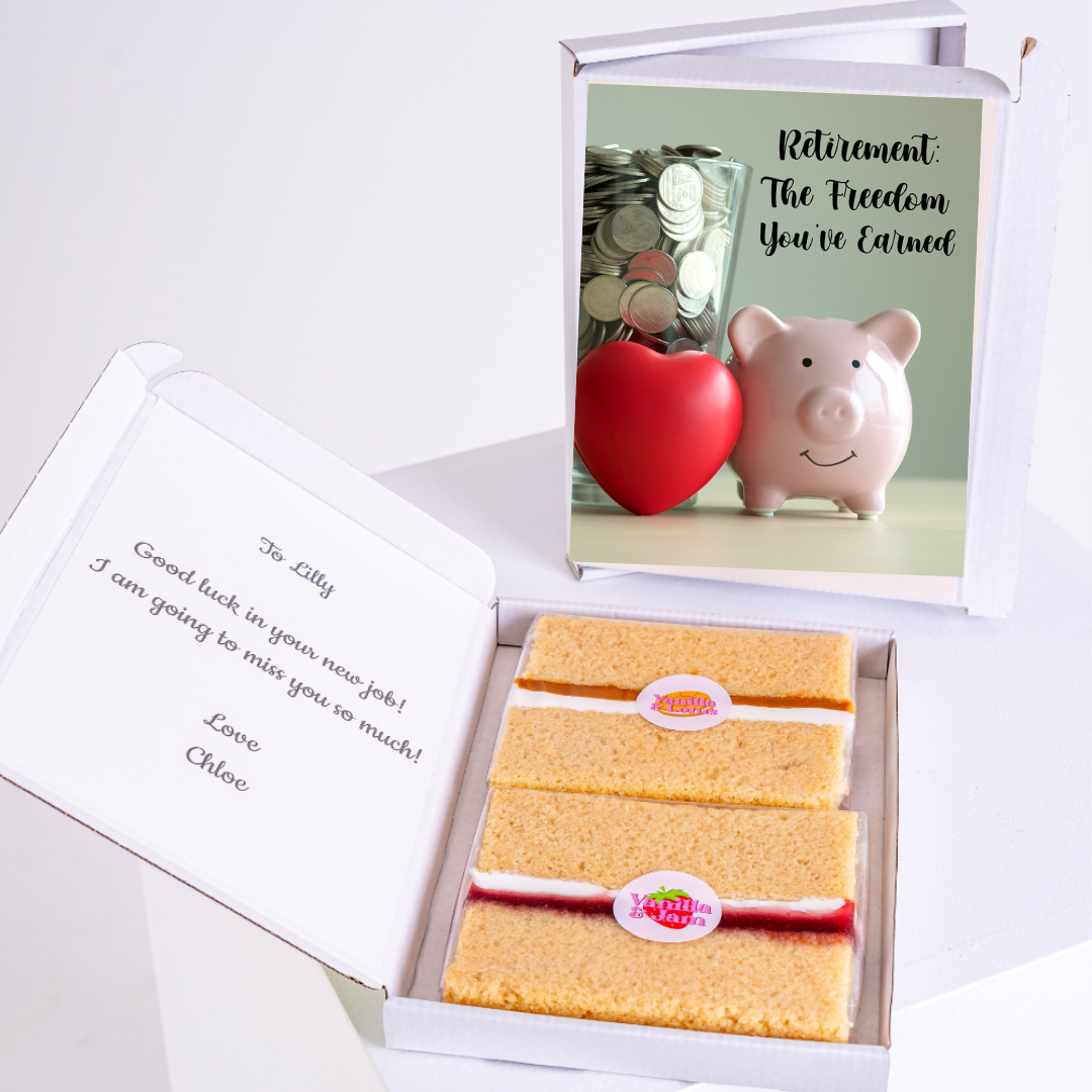 Retirement cake & card for Lilly, with piggy bank, coins & heart