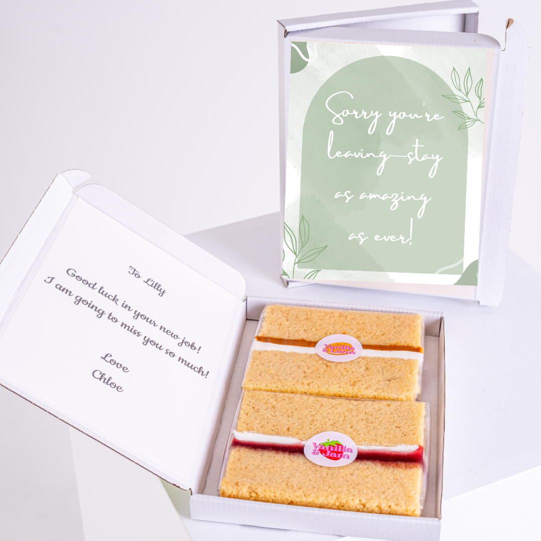 Leaving stay gift box with cake and card for Lilly.