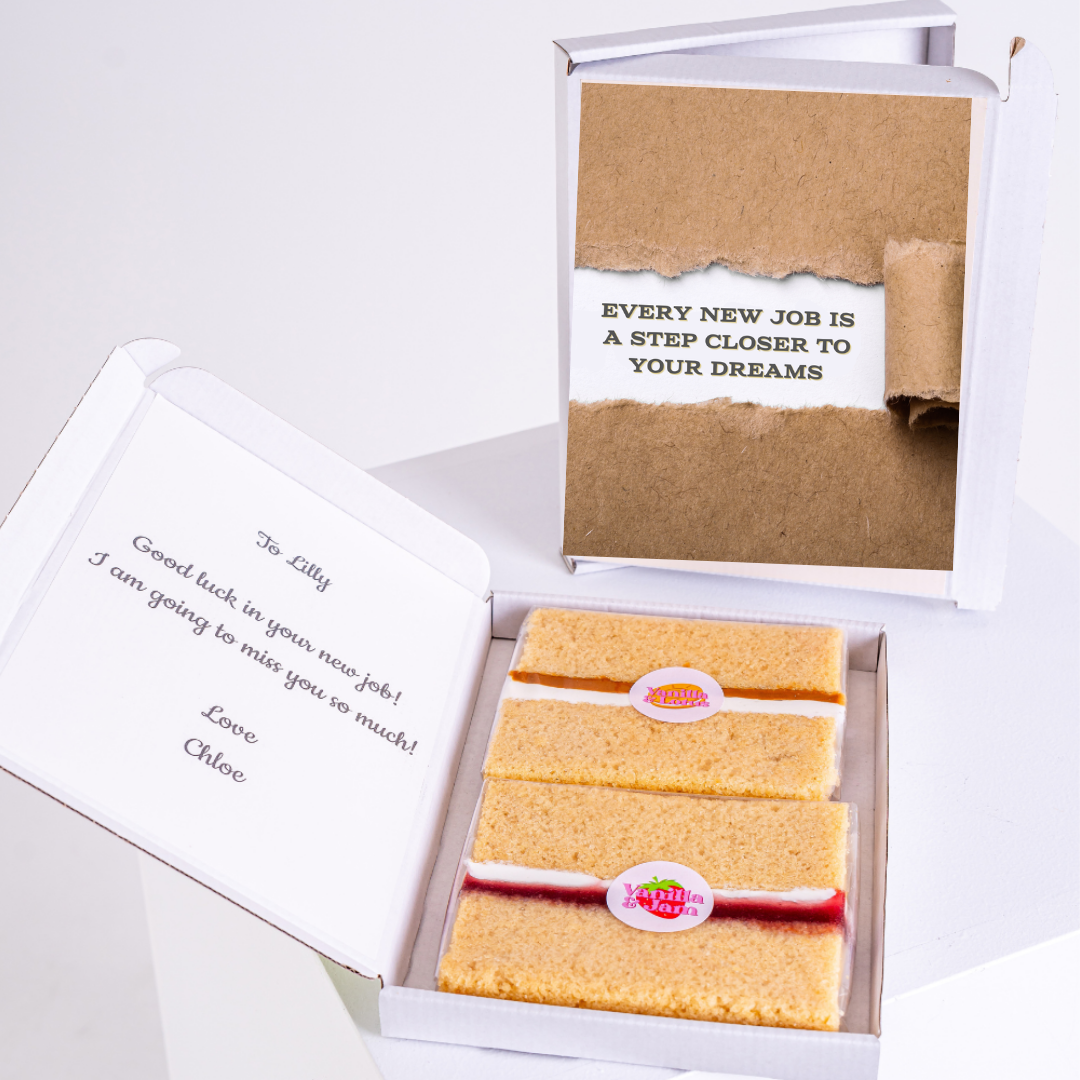 Cake gift box for Lilly with a new job message.