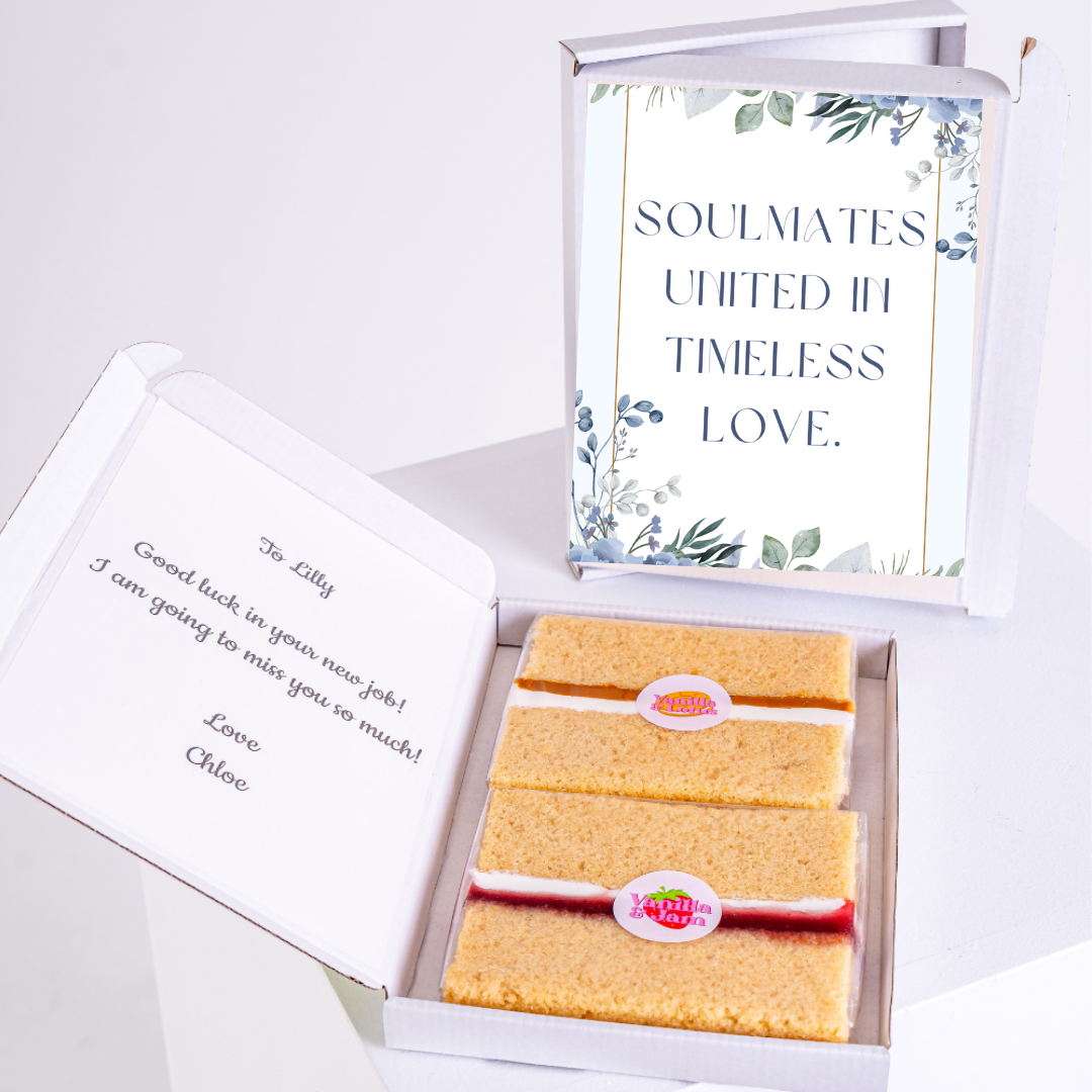 Gift box with cake and Soulmates United in Timeless Love card.