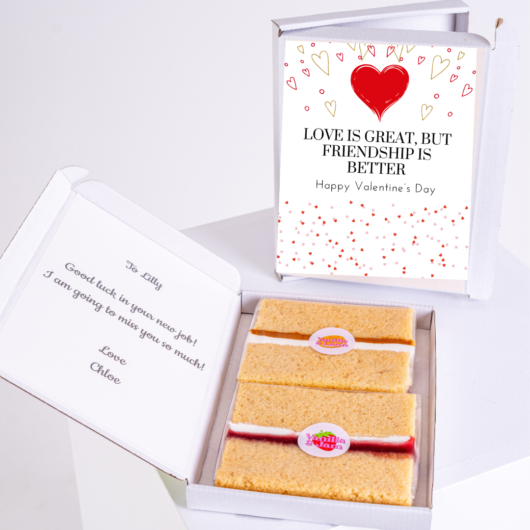 Valentine's Day cake gift box for Lilly, friendship message