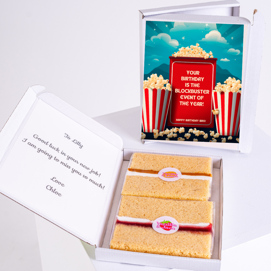 Gift box with cake and movie-themed birthday card for Lilly.