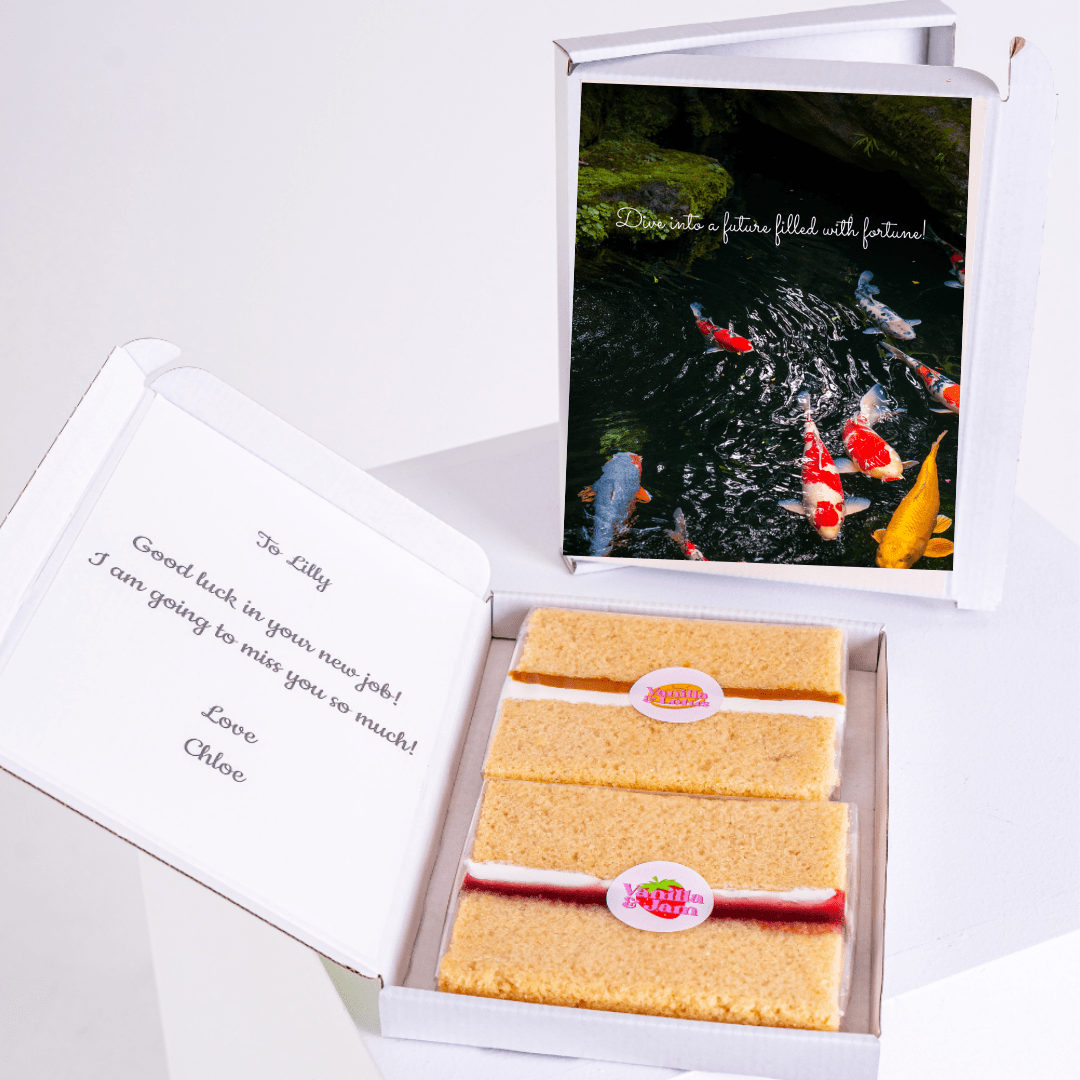 Farewell cake box with koi pond card, Good luck Lilly message.