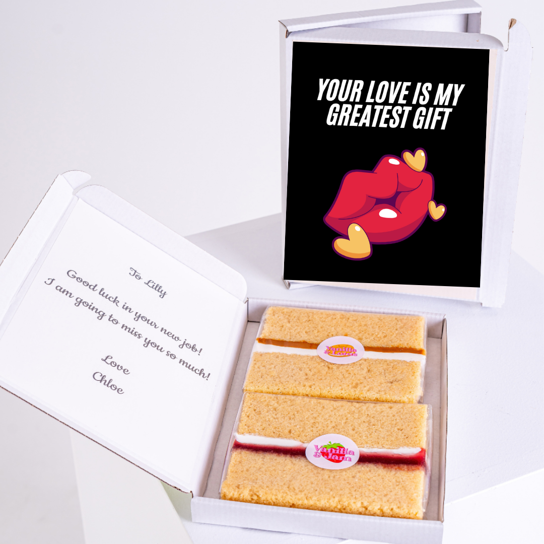 Farewell gift box with cake and Your Love Is My Greatest Gift card.
