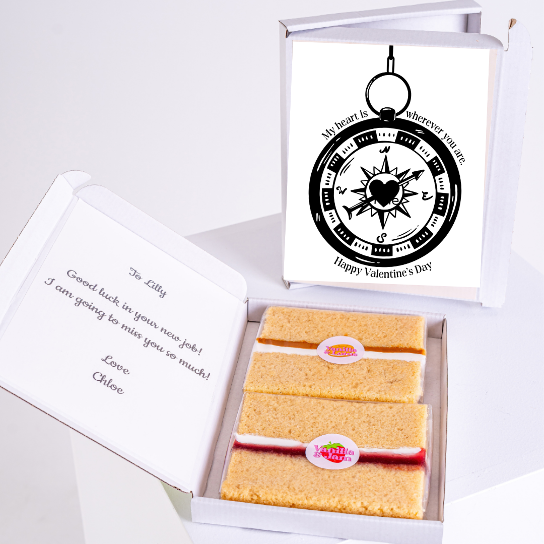 Valentine's Day cake gift with compass card and message for Lilly.