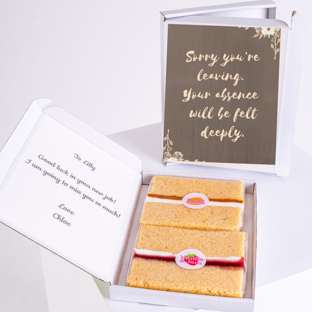 Farewell cake gift box with Sorry you're leaving card & message for Lilly.
