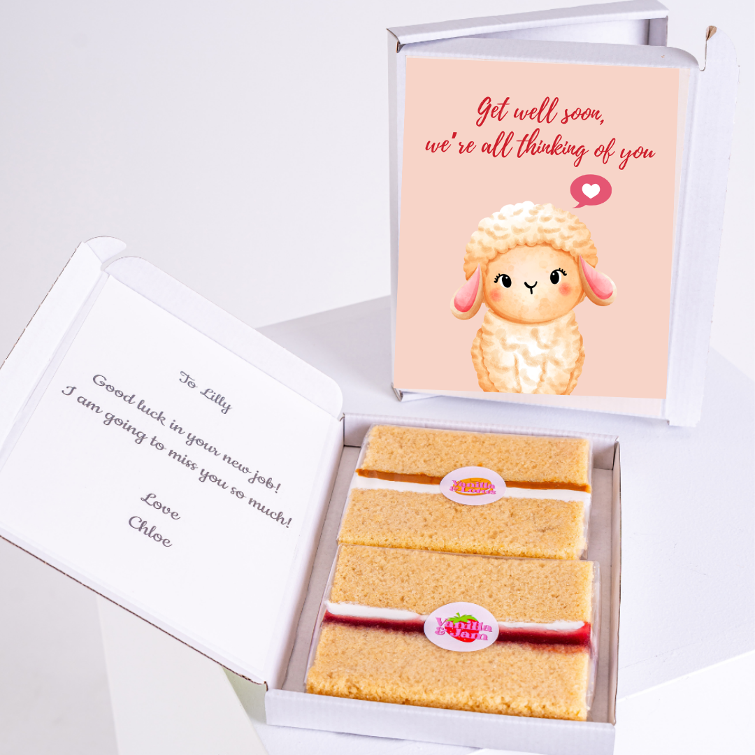 Get well soon cake box for Lilly with sheep card