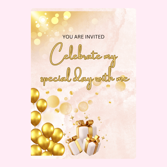 Party invitation with balloons and gifts