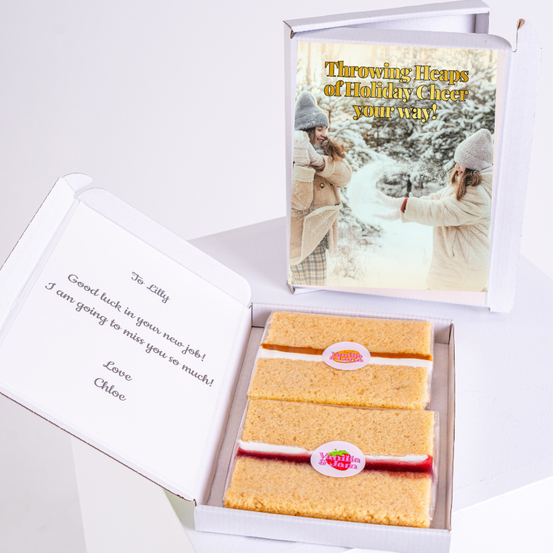 Gift box with cake and holiday cheer message for Lilly.