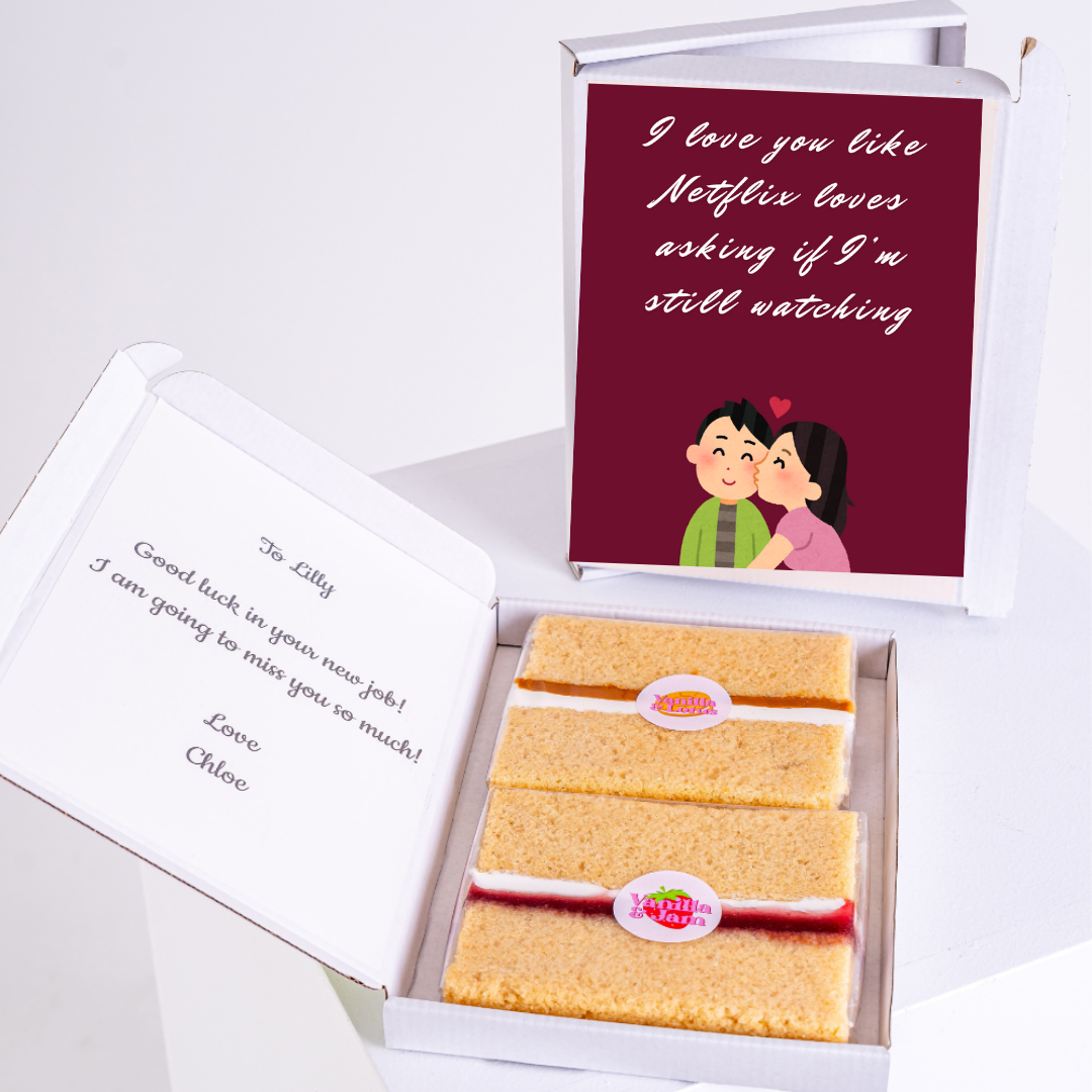 Gift box with cake and I love you like Netflix message for Lilly.