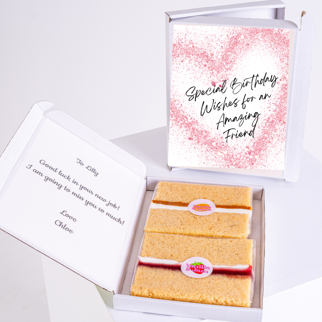 Birthday cake gift box for Lilly with a message from Chloe.