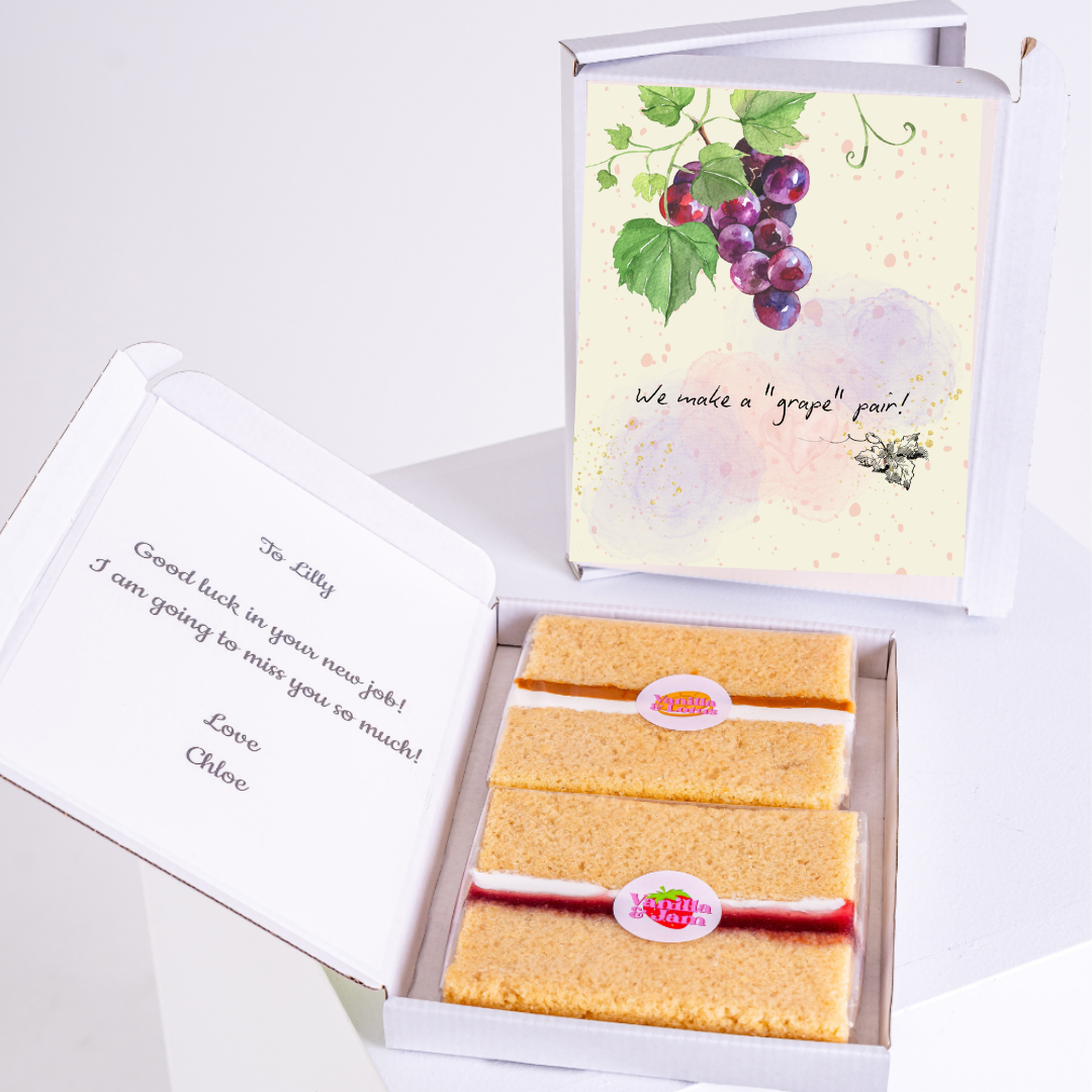 Cake gift box with grape design and well wishes.