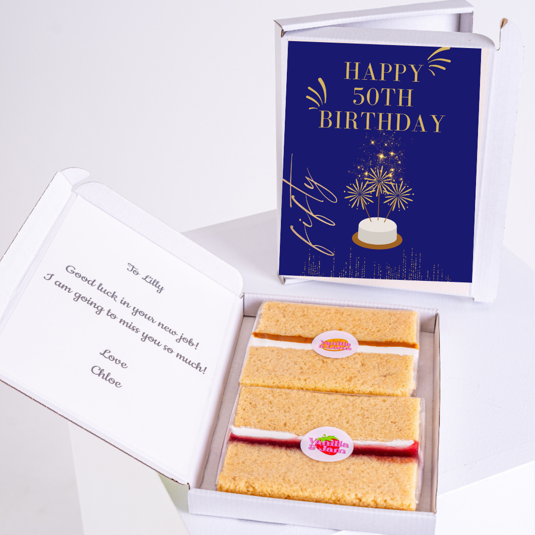 Happy 50th Birthday cake box for Lilly, with note from Chloe.