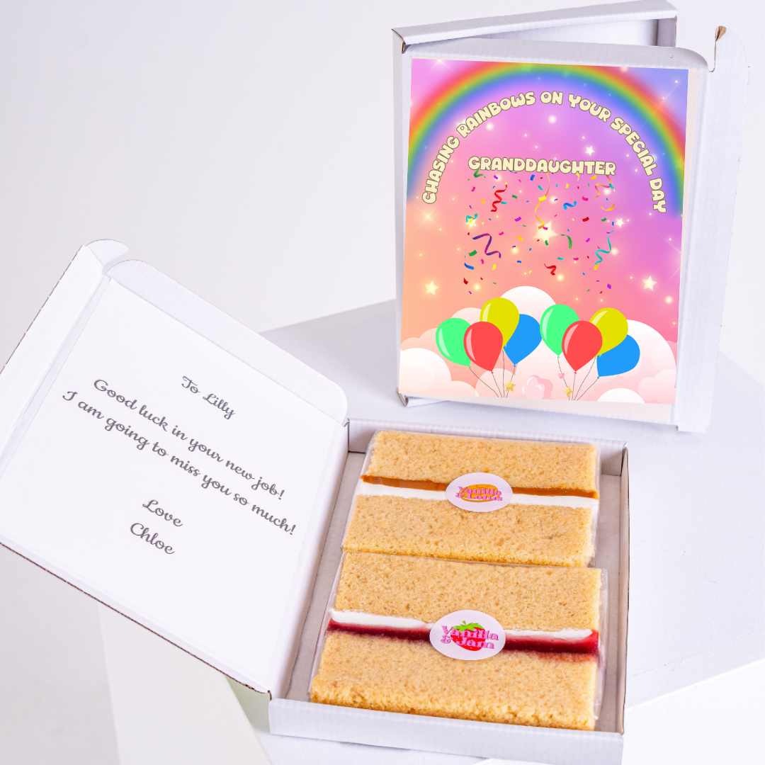 Cake gift box for granddaughter, good luck, miss you message.