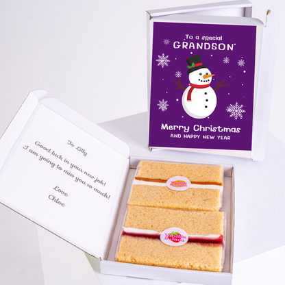 Christmas gift box for grandson with cake and note.