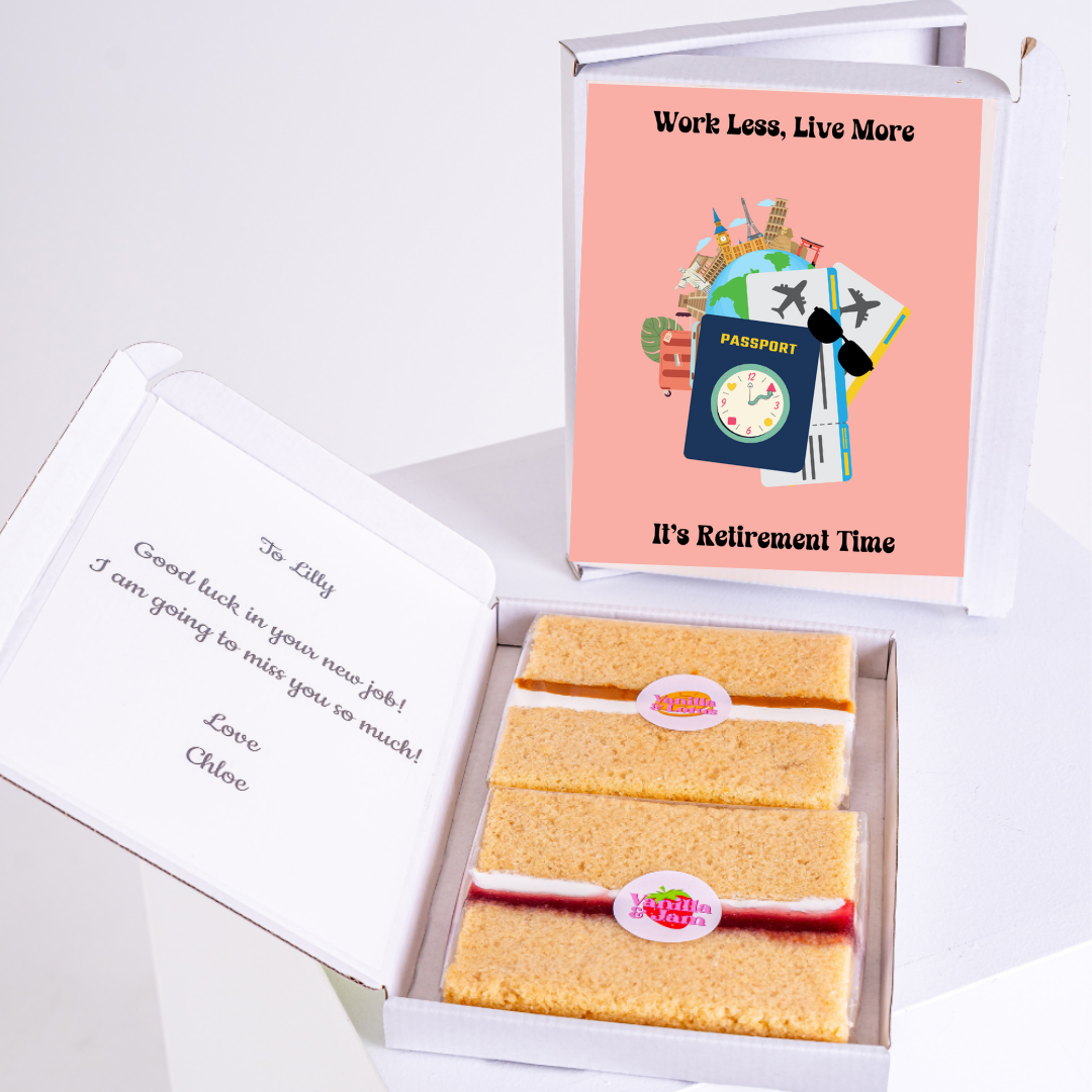 Retirement cake gift with Work Less, Live More message, farewell card