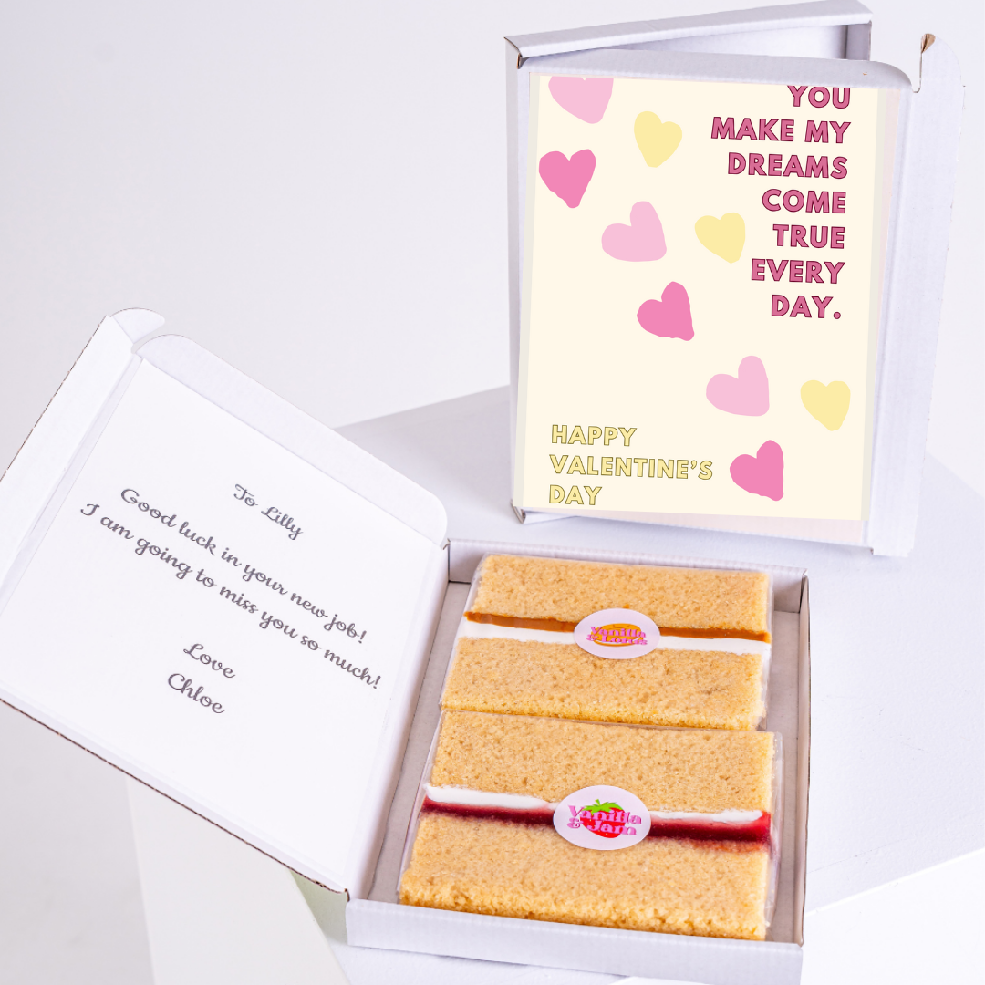 Valentine's day cake gift box with card and message for Lilly.