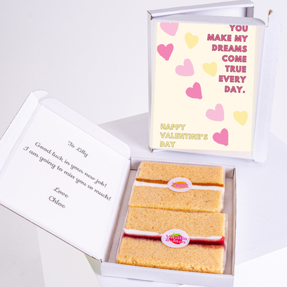 Valentine's day cake gift box with card and message for Lilly.