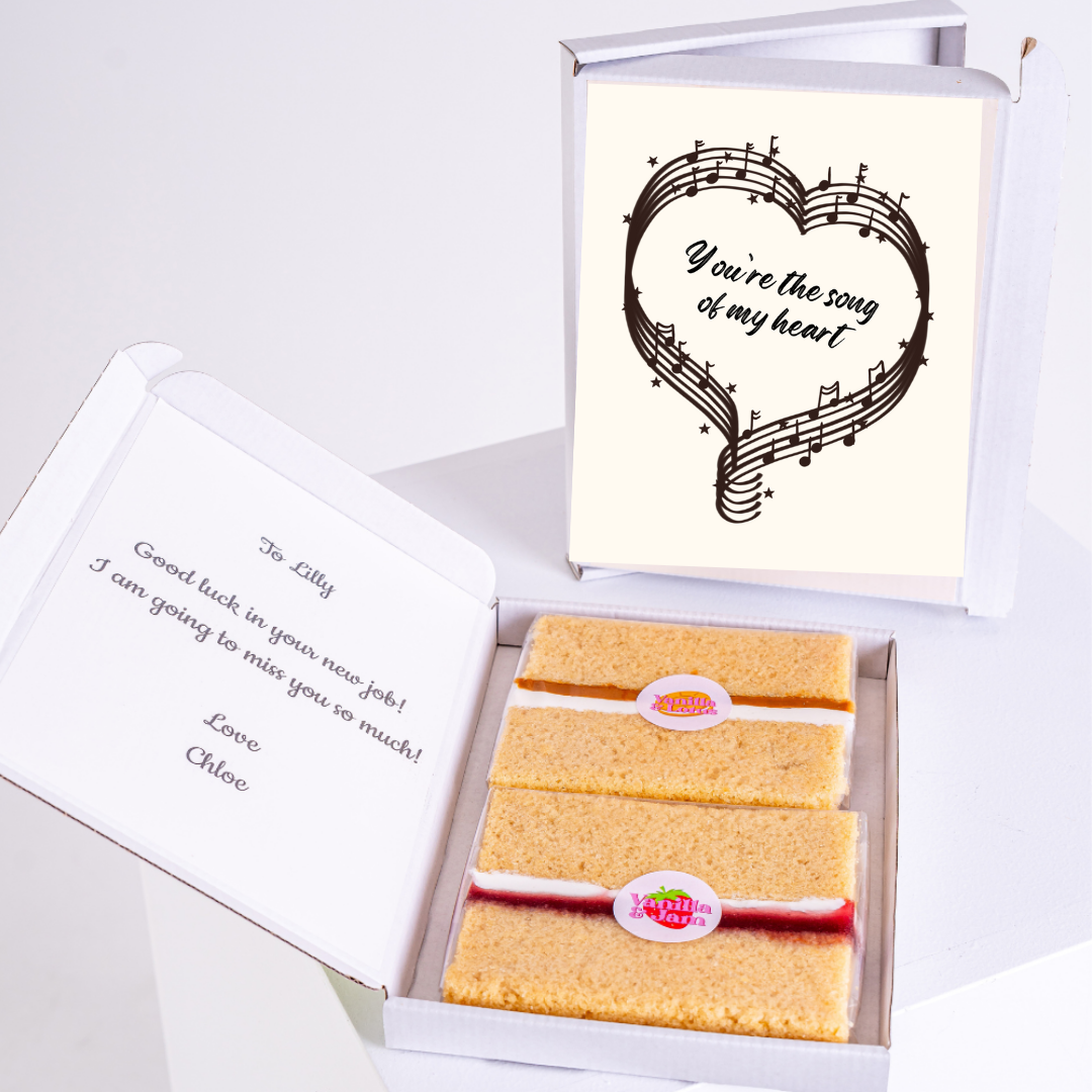 Cake gift box with You're the song of my heart card, goodbye message.